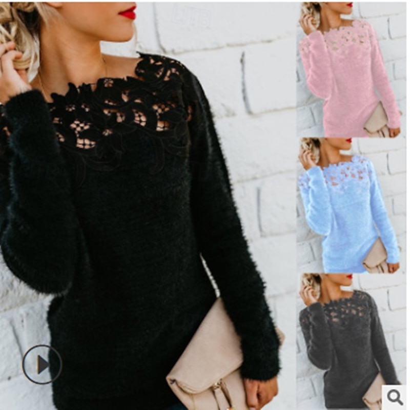 Women's Sweater Elegant Casual Soft Pure Color Ribbed Crew Neck Lace Patchwork Knitted Long Sleeve Regular Tops Knit Outdoor Daily Weekend Black Pink Fall Winter