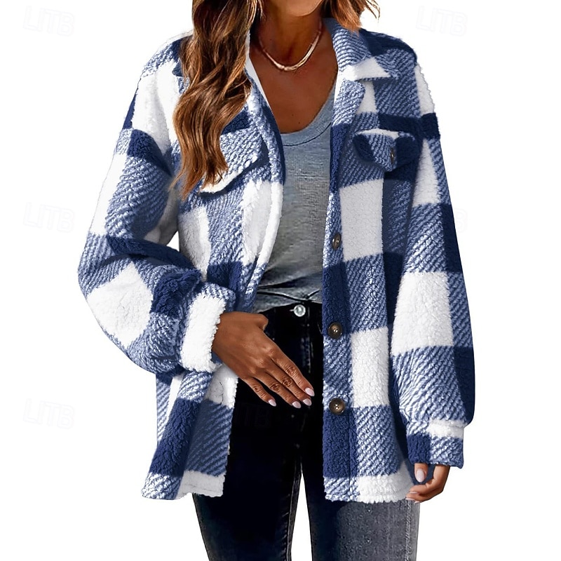 Women's Winter Coat Sherpa Jacket Warm Comfortable Pocket Buttons Casual Plaid Vacation Casual Going out Weekend Regular Turndown Regular Fit Long Sleeve Outerwear Black Pink Red Fall Winter3