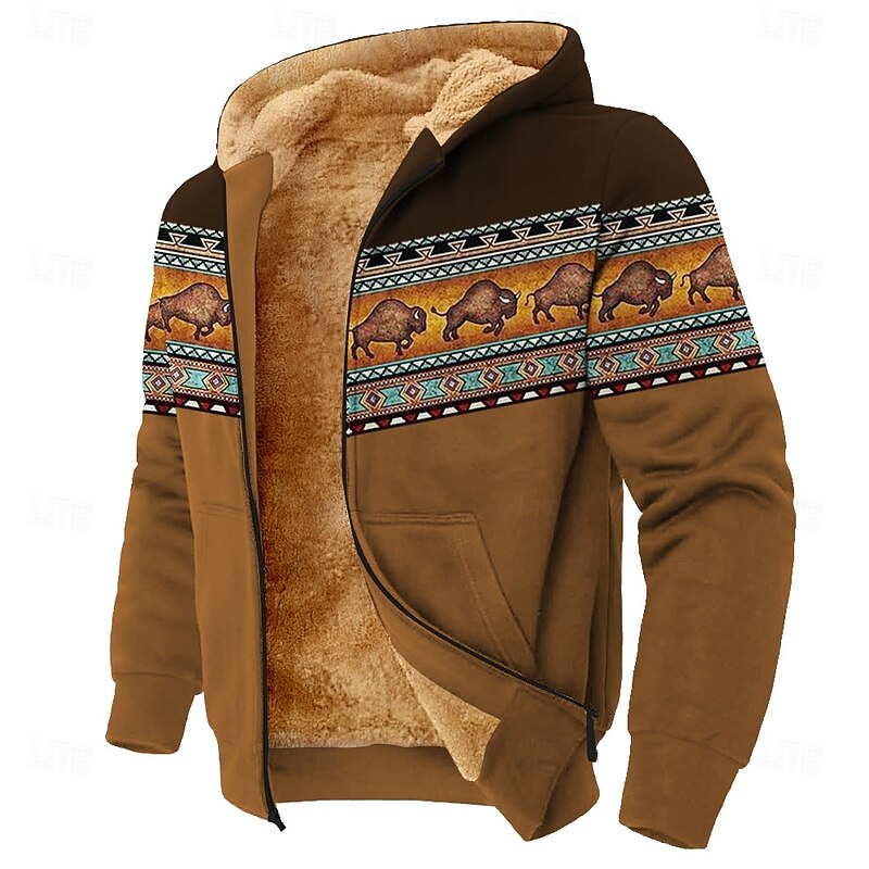 Men's Camo Camouflage Deer Fleece Hoodie Jacket Classic Military Crew Neck Outdoor Camping Blue Brown Zip Up Fall Winter Designer