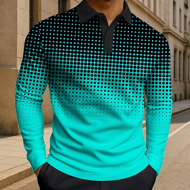 Men's Polka Dot Geometic Polo Long Sleeve Polo Shirts Lapel Casual Athleisure Daily Wear 3D Print Buttons Spring Fall Winter Blue Purple Green