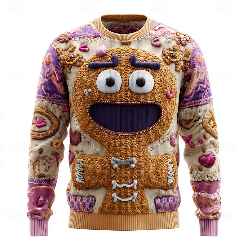 Ugly Christmas Sweater Men's Cartoon Gingerbread Pullover Sweater Jumper Knitwear Crewneck Casual Vacation Daily Festival 3D Print Keep Warm Long Sleeve Spring Fall Winter White Red Purple2