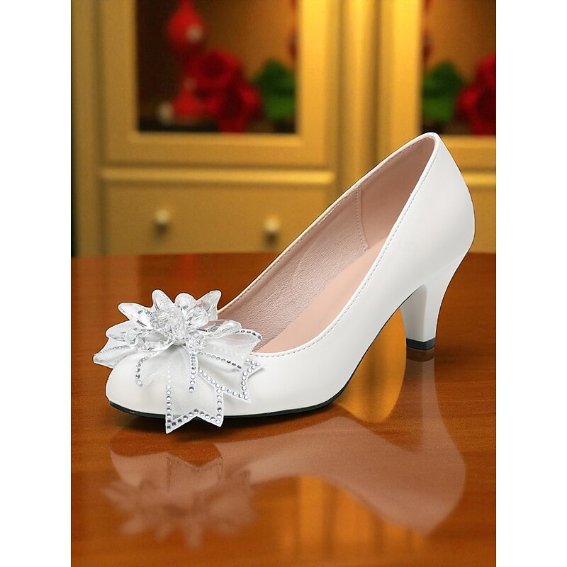 Women's White Low Heel Wedding Shoes with Crystal Bow Embellishments, Elegant Bridal Pumps for Bride and Bridesmaids4