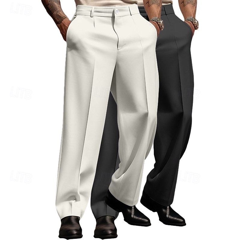Men's Trousers Dress Pants Baggy Pants Dress Slacks Front Pocket Straight Leg Plain Comfort Breathable Wedding Business Casual Fashion Basic White+Khaki Khaki+Black Inelastic2