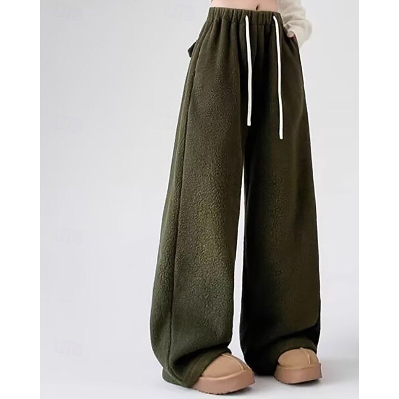 Women's Culottes Wide Leg Fleece Pants Chinos Streetwear Casual Full Length Medium Waist Plain Drawstring Pocket Elastic Waist Thermal Warm Comfortable Micro-elastic Outdoor Vacation Home Dark Navy3