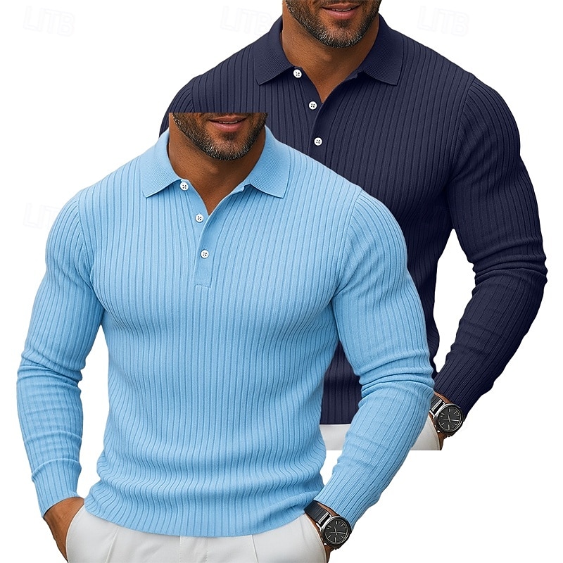 Men's Rib Knit Top Golf Polos Shirts Street Casual Lapel Long Sleeve Basic Modern Plain 2 Piece Buttons Spring Fall All Seasons Slim Fit Gray / Navy Gray / White Blue + White Blue + Gray Blue + Navy3