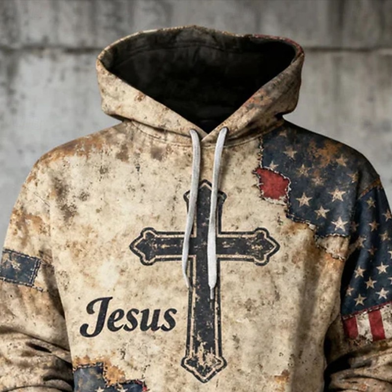 Men's American Flag Jesus Hoodie Fashion Daily Hooded Vacation Party Streetwear Khaki Printing Fall Winter Designer2