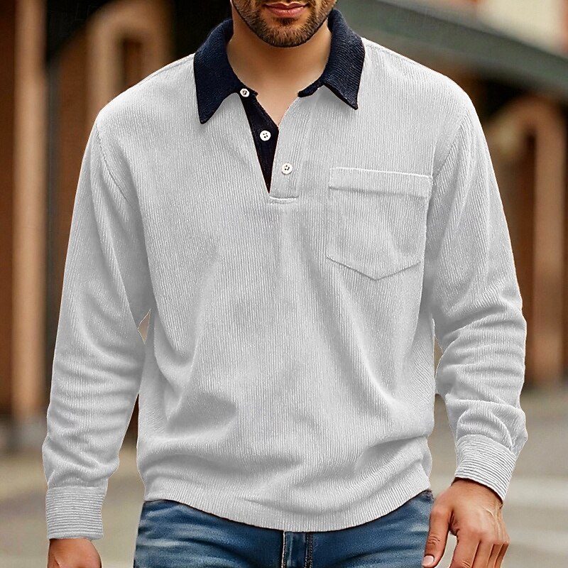 Men's Corduroy Shirt Golf Shirt Work Casual Lapel Long Sleeve Basic Modern Color Block Pocket Buttons Spring Fall Regular Fit Black White Red Navy Blue Blue Orange Corduroy Shirt2