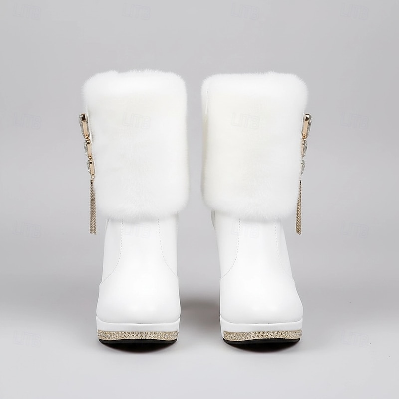 Women's White Faux Fur Ankle Boots with Rhinestone Heels - Elegant Winter High Heels for Parties and Special Occasions2