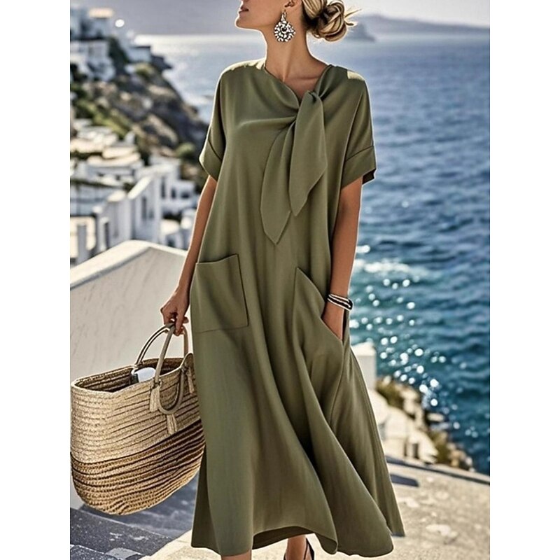 Women's Midi Dress A Line Dress Casual Daily Loose Fit Plain Short Sleeve Notched Neck Blue Brown Army Green Apricot Summer3