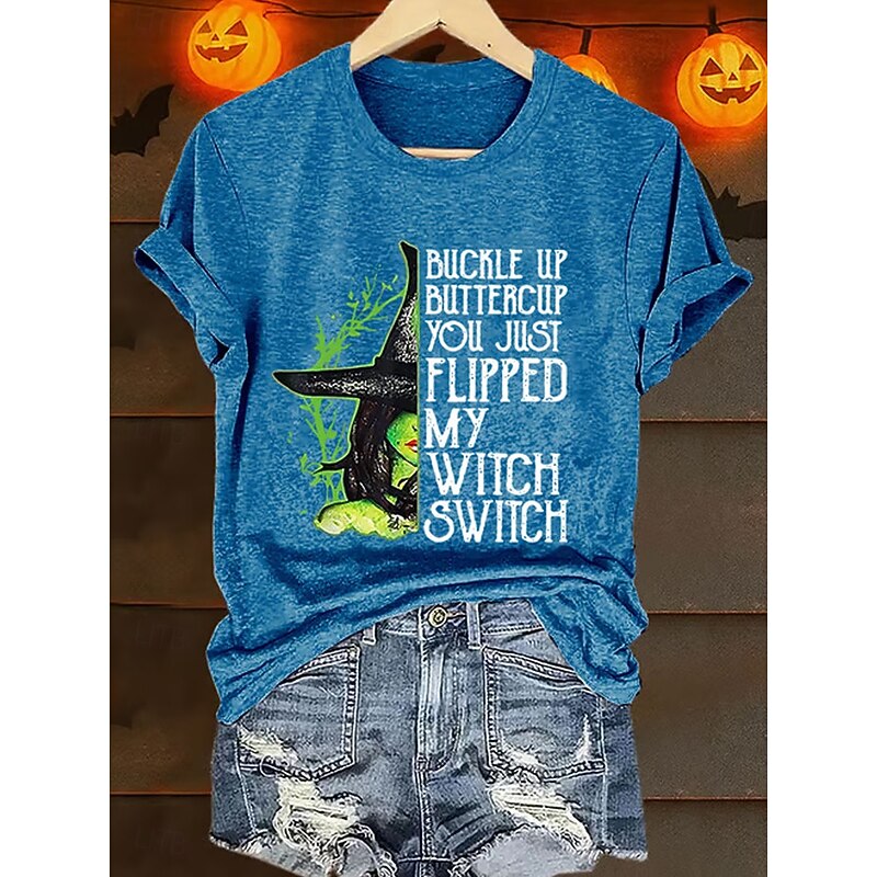 Halloween Women's T Shirt Graphic Witch Vintage Stylish Classic Short Sleeve Crew Neck Regular Tops Daily Going out Weekend Print White Blue Orange Green Summer Fall4