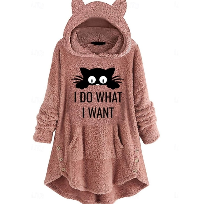 Women's Pullover Hoodie Sweatshirt Cat Letter Casual Long Sleeve Hooded Long Tops Street Dailywear Casual Pink Wine Gray Fall Winter