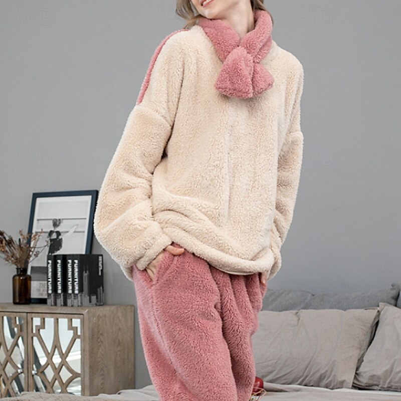 Women's Loungewear Pajama Set Casual Patchwork Elastic Waist Pullover Pant Vacation Home Daily Long Sleeve Crew Neck Pink Blue Winter Tailored Fit3