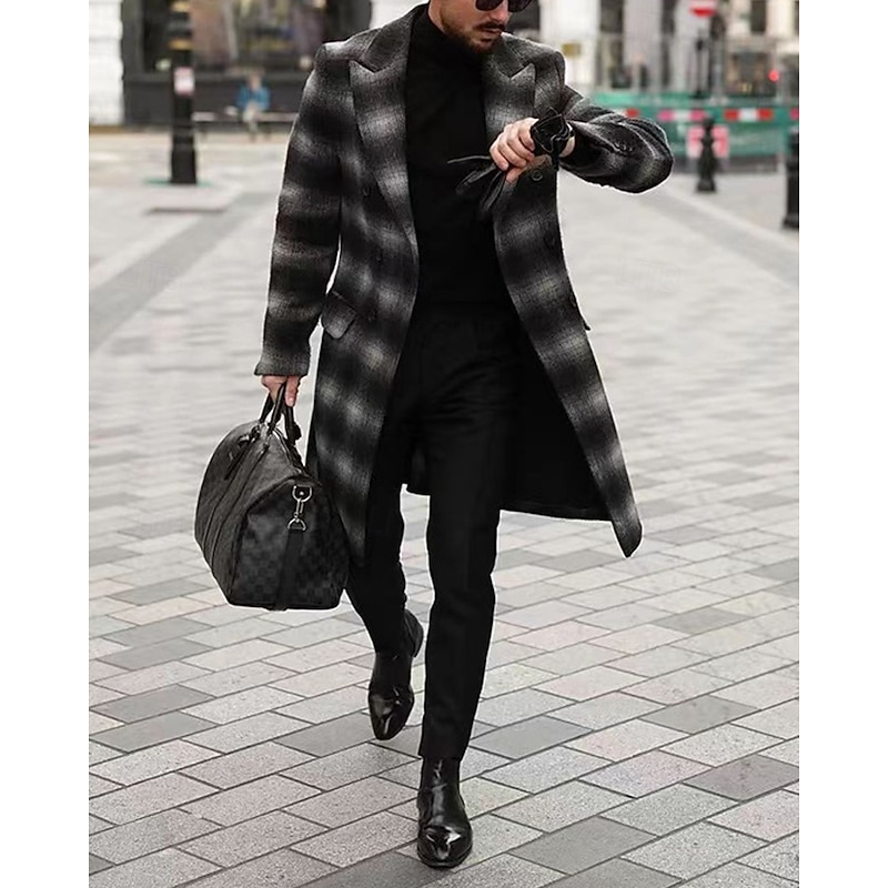 Men's Overcoat Trench Coat Long Trench Coat Vacation Daily Fall Winter Polyester Windproof Warm Outerwear Clothing Apparel Fashion Classic Plaid Pocket Lapel Open Front2
