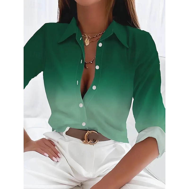 Women's Shirt Ombre Floral Graphic Elegant Stylish Basic Long Sleeve Shirt Collar Regular Tops Work Daily Buttons Print Green Spring Fall Winter Spring, Fall, Winter2