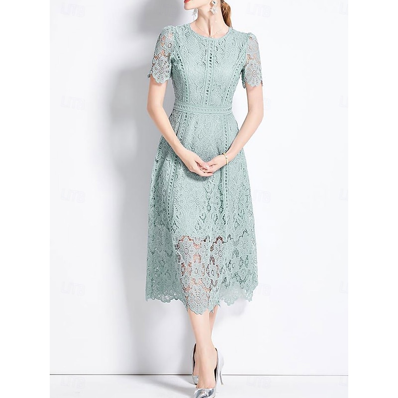 Dress Mother of the Bride Dress Elegant Crew Neck Tea Length Lace Short Sleeve with Lace3