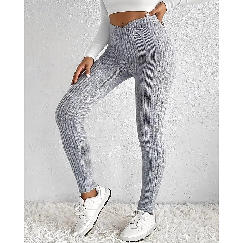 Women's Skinny Tights Leggings Vacation Vintage Streetwear Full Length High Waist Plain Striped Elastic Waist Comfortable Micro-elastic Stretchy Outdoor Vacation Daily Light Gray Black Fall Winter - Main Image