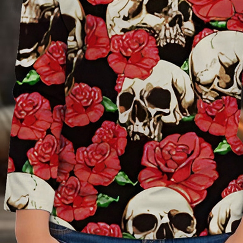 Halloween Girls' 3D Floral Skull T shirt Tee Long Sleeve Spring Fall Fashion Basic Kids 4-12 Years Crew Neck Outdoor Casual Daily Regular Fit3