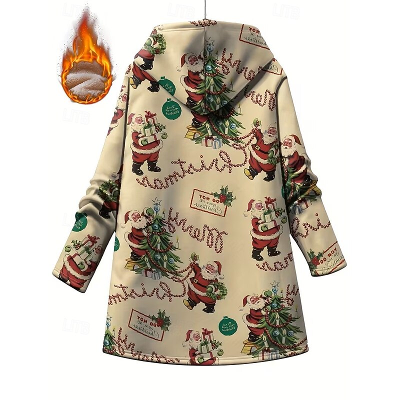 Christmas Women's Zip Up Hoodies Graphic Santa Claus Tree Warm Active Vintage Long Sleeve Hooded Long Tops Home Work Dailywear Print Khaki Spring Fall Winter2
