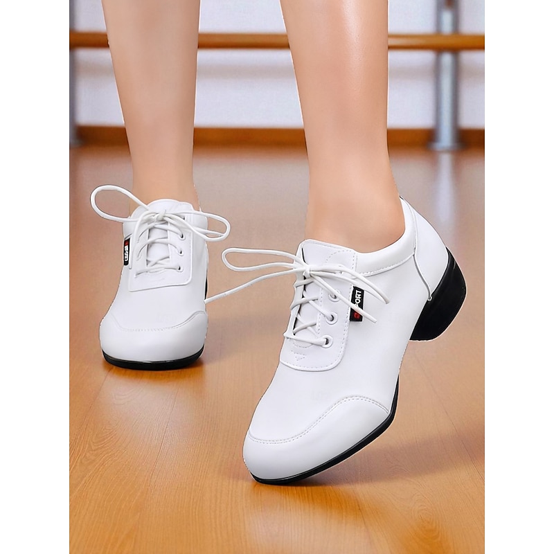 Women's White Lace-Up Dance Shoes - Professional Ballroom Practice Sneakers for Latin, Jazz and Party Performances
