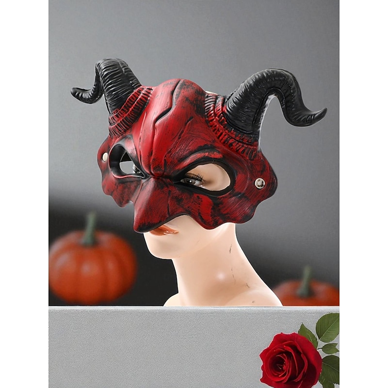 Unisex Red Devil Horn Latex Mask, Scary Gothic Horror Costume Accessory for Halloween Parties and Masquerade Balls3