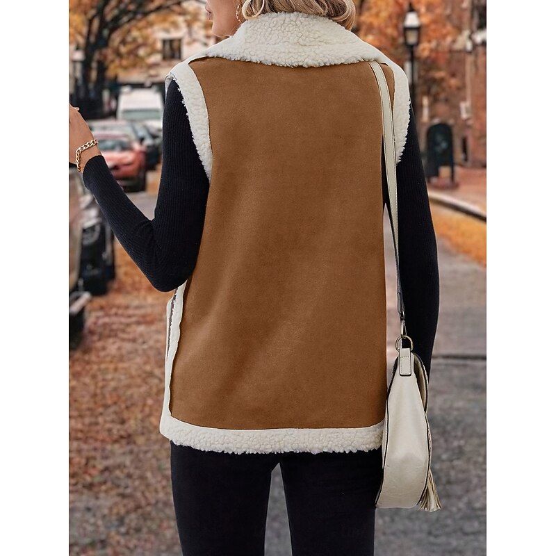 Women's Sherpa Jacket Comfortable Breathable Patchwork Casual Color Block Vacation Street Casual Daily Wear Open Front Short Notch Lapel Regular Fit Sleeveless Outerwear Black Khaki Spring Fall2
