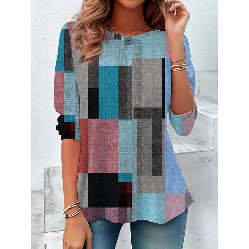 Women's T Shirt Graphic Geometric Color Block Vintage Stylish Classic Long Sleeve Crew Neck Round Neck Regular Tops Daily Print Blue Spring Fall Winter