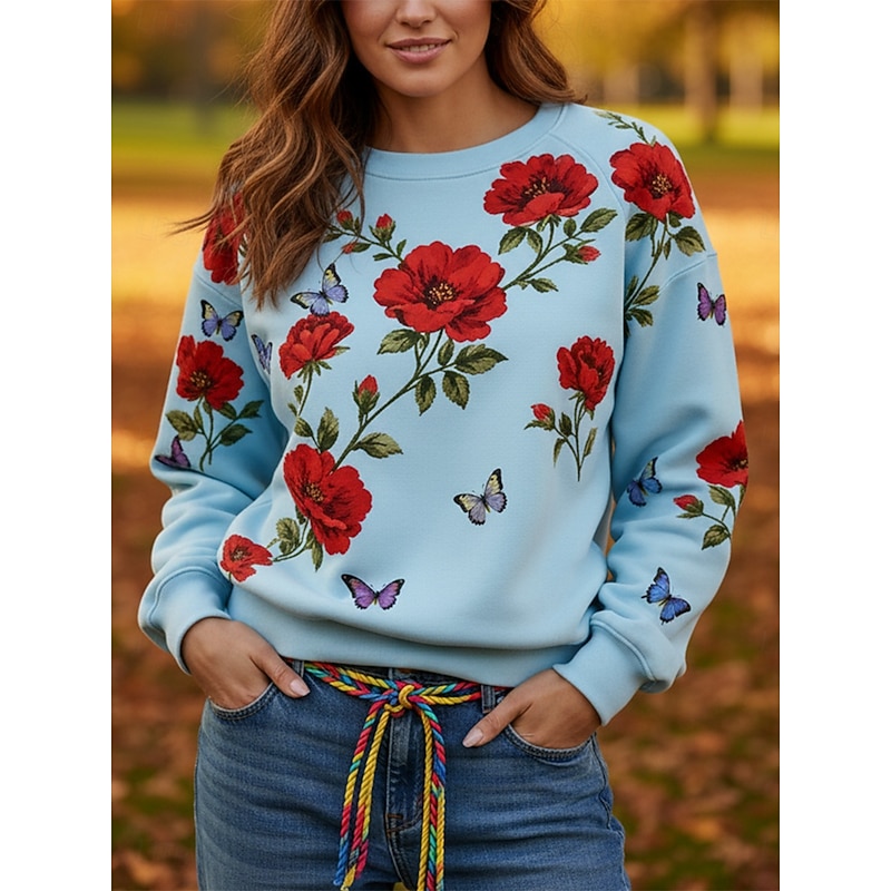Women's Pullover Sweatshirts Floral Fashion Streetwear Classic Long Sleeve Crew Neck Round Neck Regular Tops Dailywear Casual Print Black Blue Green Spring Fall2