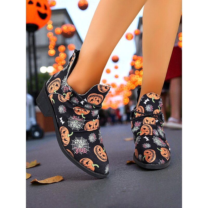 Women's Halloween Pumpkin and Spider Web Ankle Boots – Festive Low Heel Booties for Costume Party, Cosplay and Fall Fashion2