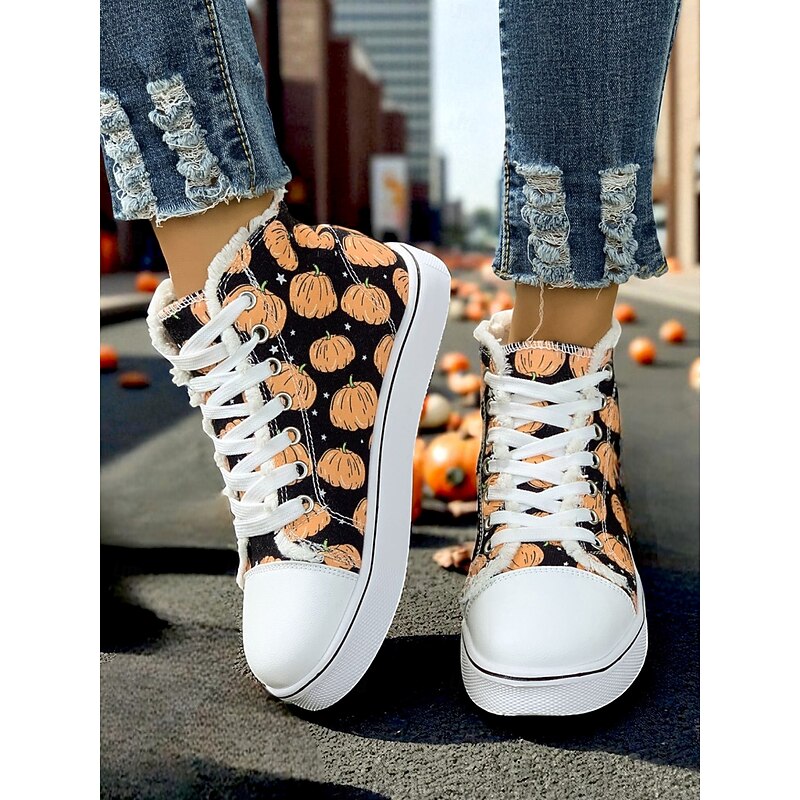 Women's Halloween Pumpkin High Top Sneakers – Casual Canvas Lace-Up Shoes with Festive Print for Autumn, Costume Party and Everyday Wear2
