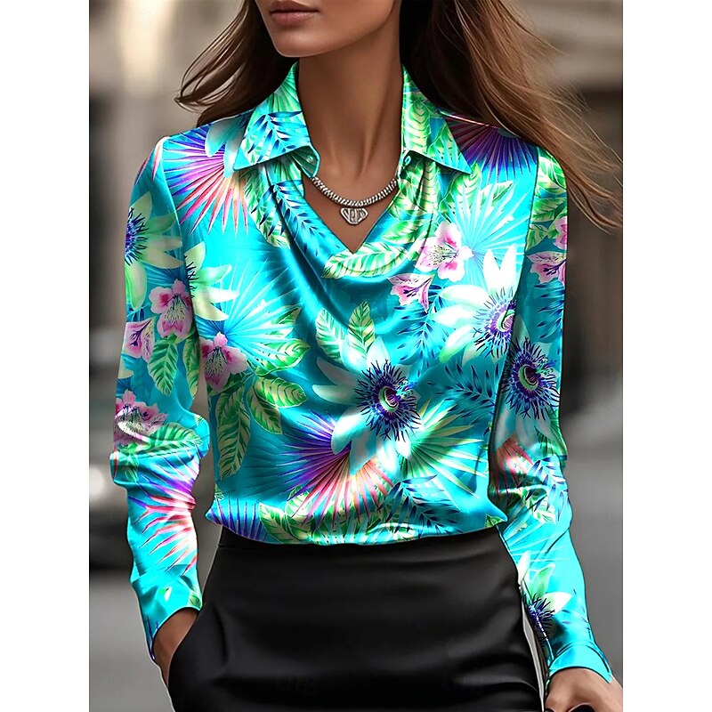 Women's Shirt Floral Graphic Elegant Daily Long Sleeve Cowl Neck Regular Tops Work Daily Evening Party Draped Black Blue Purple Green Summer Spring Fall Winter2