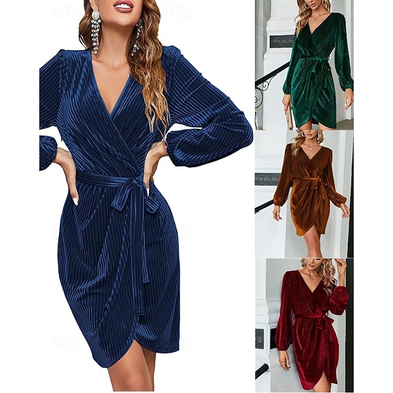 Women's Mini Dress Velvet Dress Party Dress Cocktail Dress Elegant Modern Party Evening Party Holiday Regular Fit Plain Long Sleeve V Neck Wine Dark Green Brown Fall Winter - Main Image