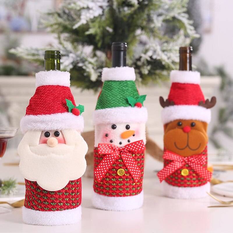 3 Pack Christmas Wine Bottle Covers, Creative Cartoon Santa, Snowman and Reindeer Wine Bags, Holiday Red Wine and Champagne Bottle Decorations, Xmas Table Accessories, Reusable Gift Wrapping