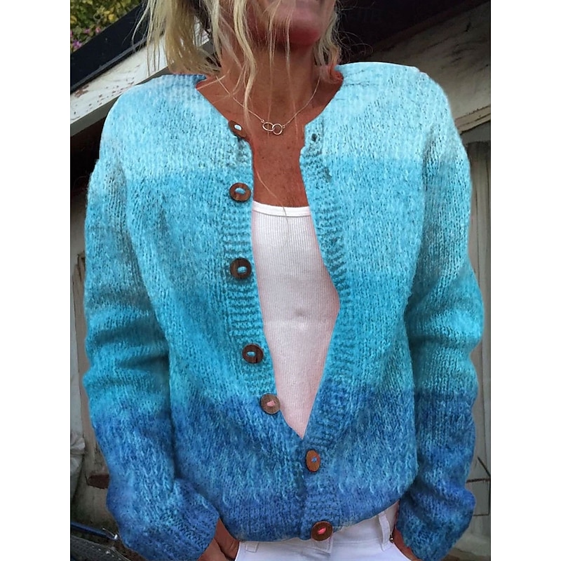 Women's Cardigan Fashion Daily Casual Graphic Geometric Ribbed Crew Neck Buttons Print Long Sleeve Regular Tops Knit Outdoor Daily Date Black Blue Fall Winter2