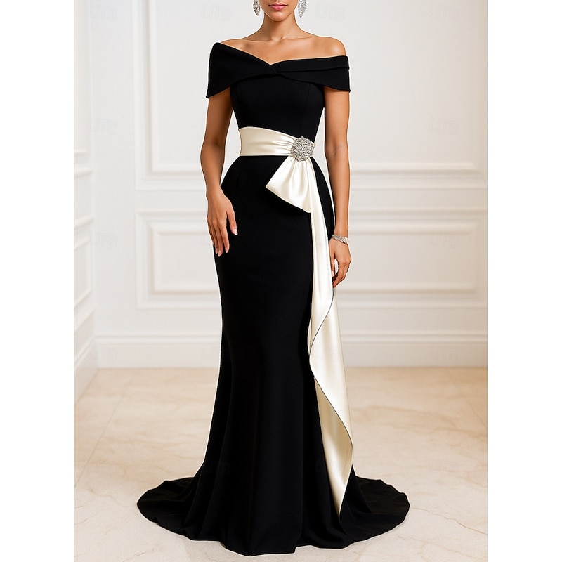 Black and White Mermaid Evening Gown Elegant Dress Formal Wedding Guest Floor Length Short Sleeve Off Shoulder Stretch Crepe with Ruched Ruffles3