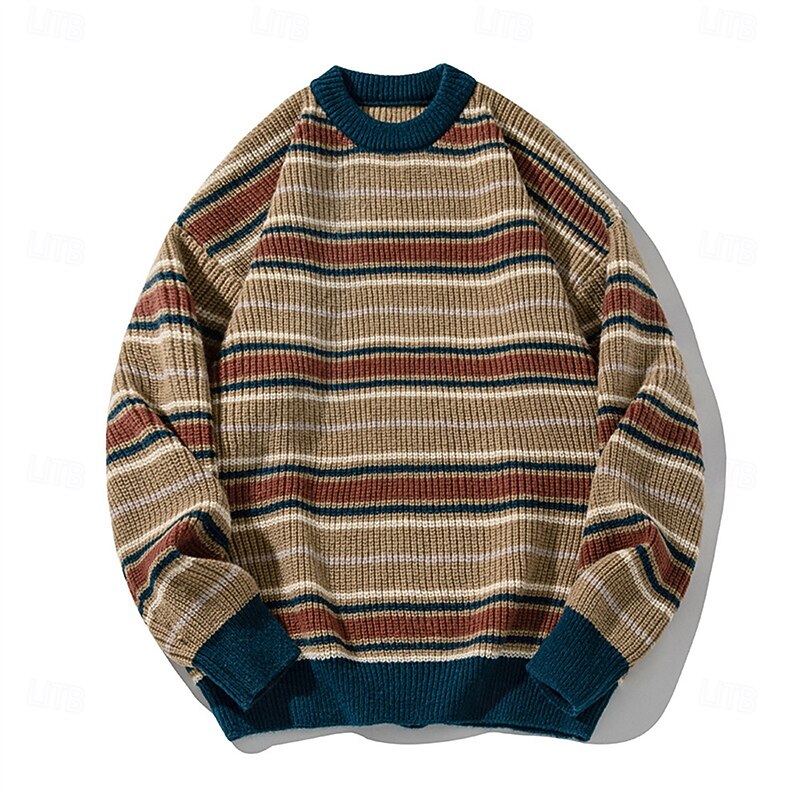 Men's Pullover Sweater Jumper Knit Sweater Ribbed Knit Regular Tops Knitted Stripe Crew Neck Fashion Basic Vacation Daily Wear Clothing Apparel Fall Winter Khaki Dark Gray M L XL2
