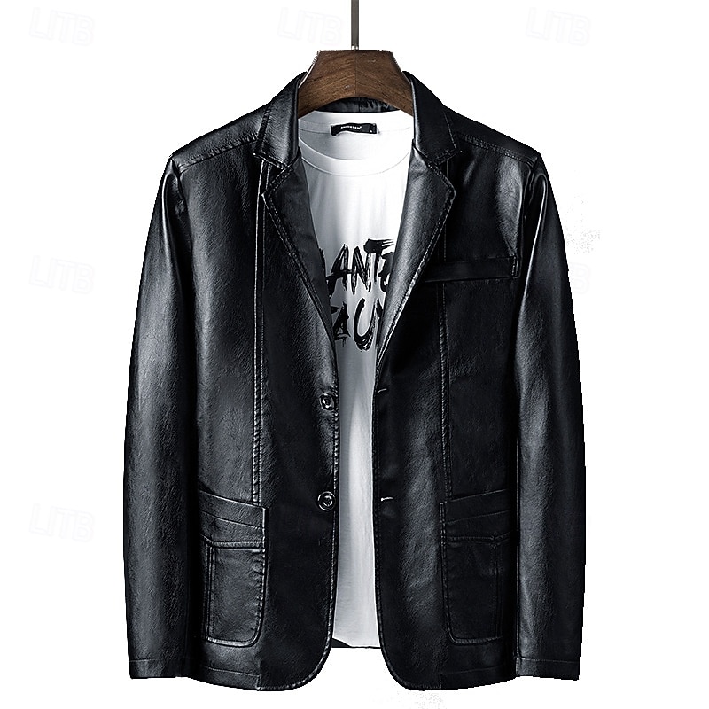 Men Faux Leather Jacket Casual Classic Fall Winter Leather Solid Color Single Breasted One-button Blazer Black Burgundy2