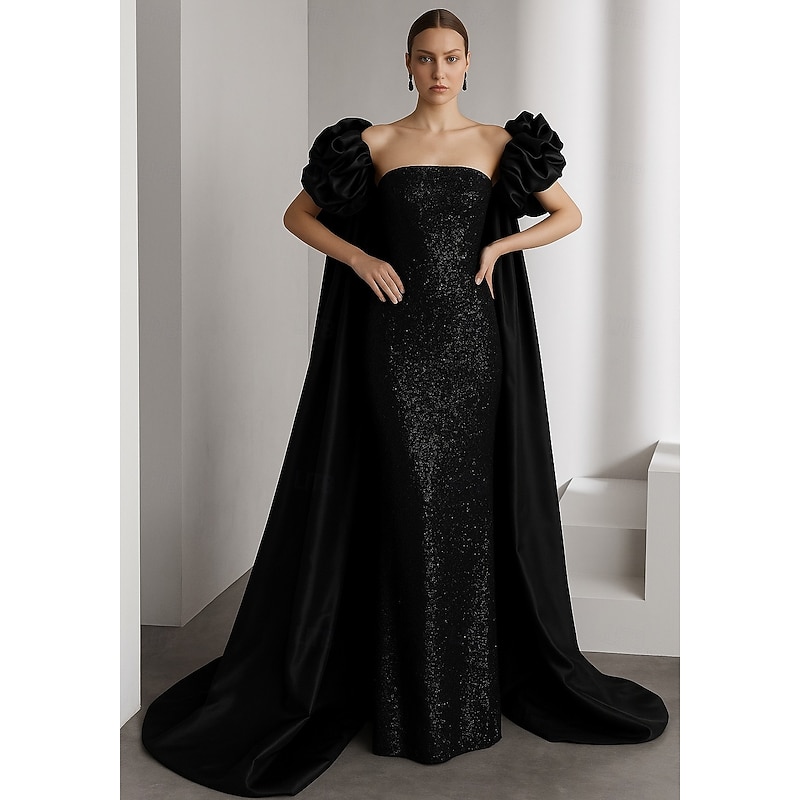 Sheath / Column Evening Gown Elegant Formal Dress Formal Wedding Floor Length Short Sleeve Lapel Satin with Glitter Pleats 2025