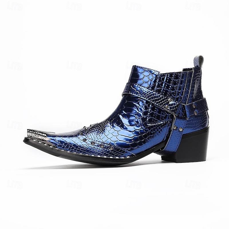 Men's Premium Cowhide Blue Croc Pattern Leather Chelsea Boots, Stylish Harley Motorcycle Boots for Rock Concerts, Parties, Nightclub Fashion and Stage Wear4