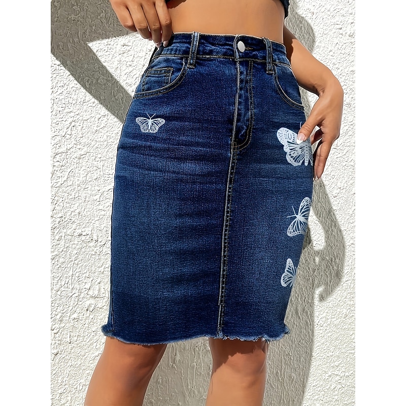 Women's Skirt Bodycon Fashion Casual Knee-length High Waist Skirts Butterfly Pocket Print Micro-elastic Street Daily Black Navy Blue Blue Spring Polyester Denim2