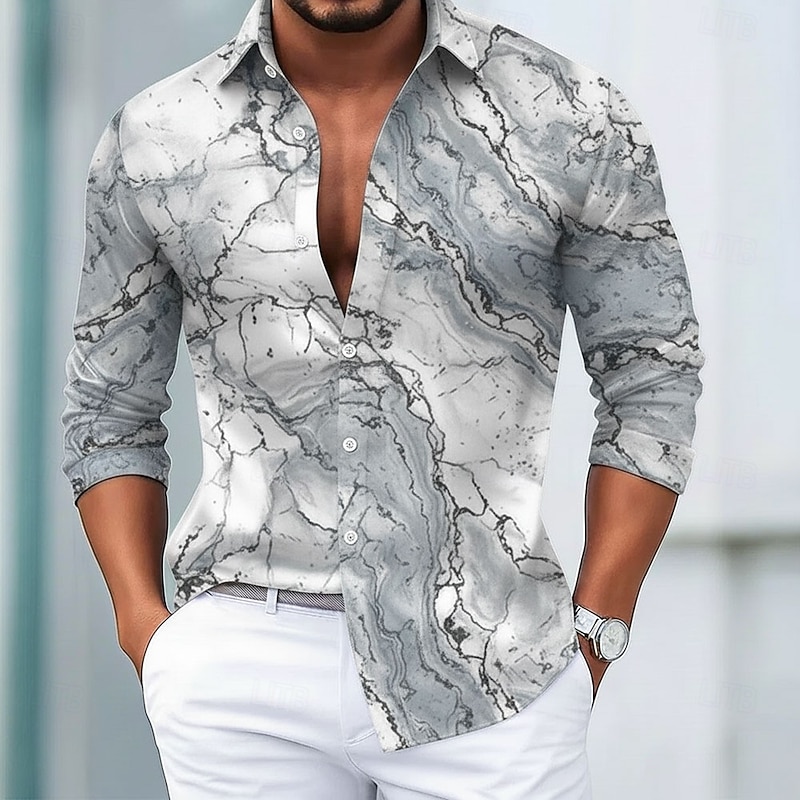 Men's Geometric Pattern Marble Abstract Liquid Art Shirt Satin Shirt Dress Shirt Long Sleeve Vintage Retro Vacation Dailywear Summer Spring Fall Turndown 3D Print Button Up Shirts Blue Green Gray