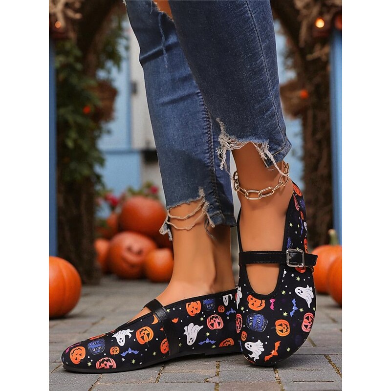 Women's Halloween Mary Jane Flats – Vintage Ghost and Pumpkin Print Shoes with Buckle Strap for Costume Party, Trick-or-Treat and Casual Wear4