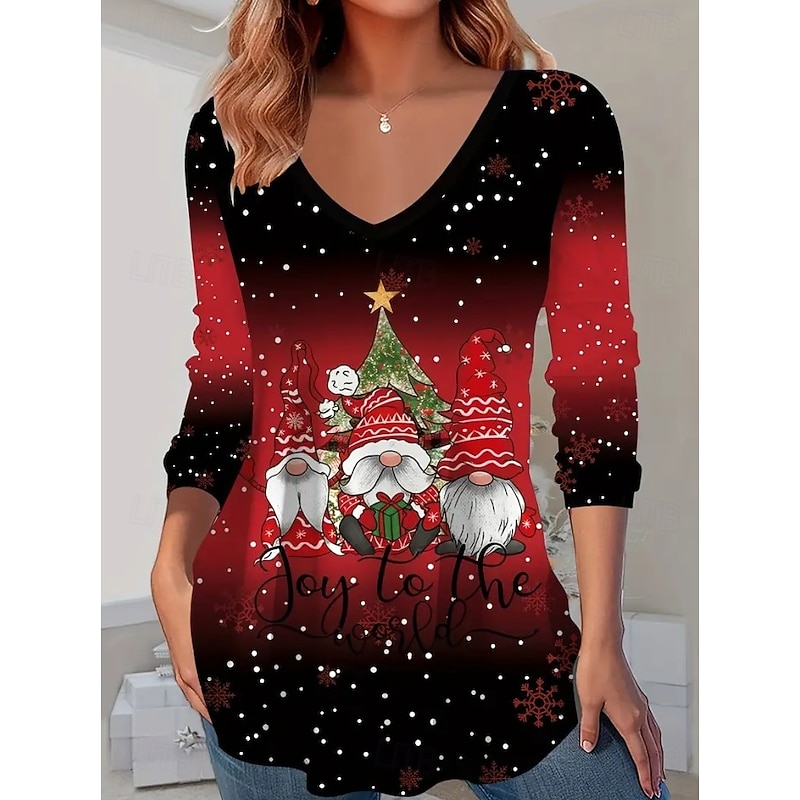 Christmas Women's T Shirt Graphic Santa Claus Snowman Vintage Stylish Casual Long Sleeve V Neck Regular Tops Daily Print Black+White+Red Black White Wine Red Spring Fall Winter