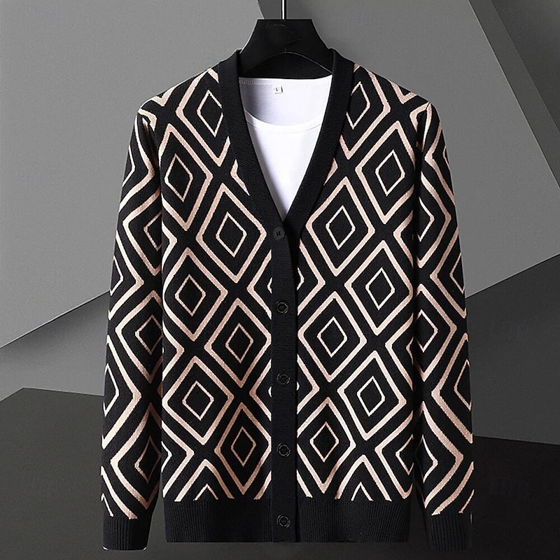 Men's Geometric Diamond Pattern Cardigan Sweater V Neck Casual School Vacation Daily 3D Print Keep Warm Long Sleeve Spring Fall Winter Black Yellow Dark Gray3