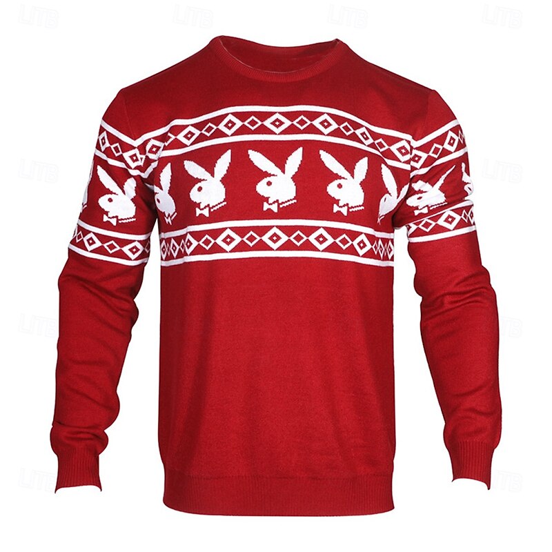 Christmas Men's Rabbit Diamond Pattern Fair isle Sweater Pullover Sweater Jumper Knitwear Crewneck Casual Vacation Daily 3D Print Keep Warm Long Sleeve Spring Fall Winter Red