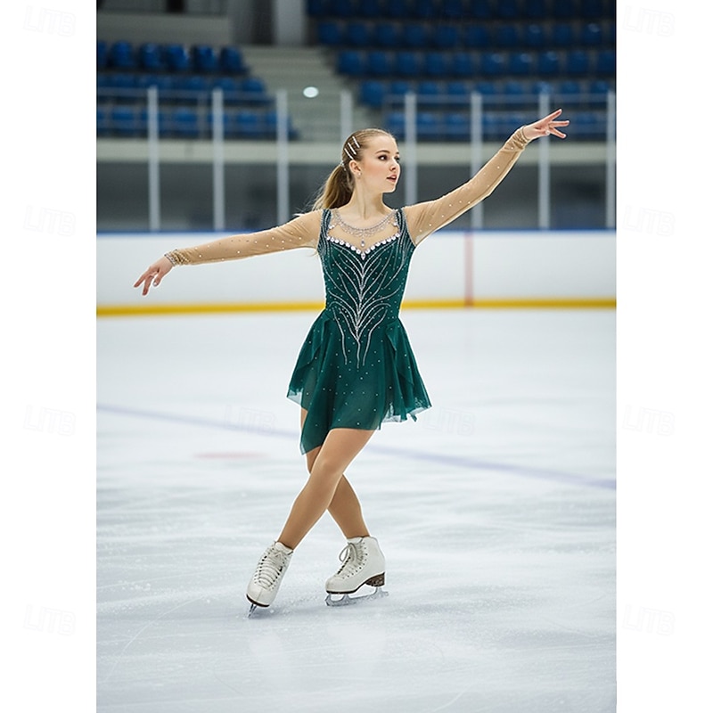Figure Skating Dress Women's Girls' Ice Skating Dress Dark Green Patchwork Thumbhole Mesh Spandex Stretchy Training Practice Professional Skating Wear Thermal Warm Crystal / Rhinestone Long Sleeve