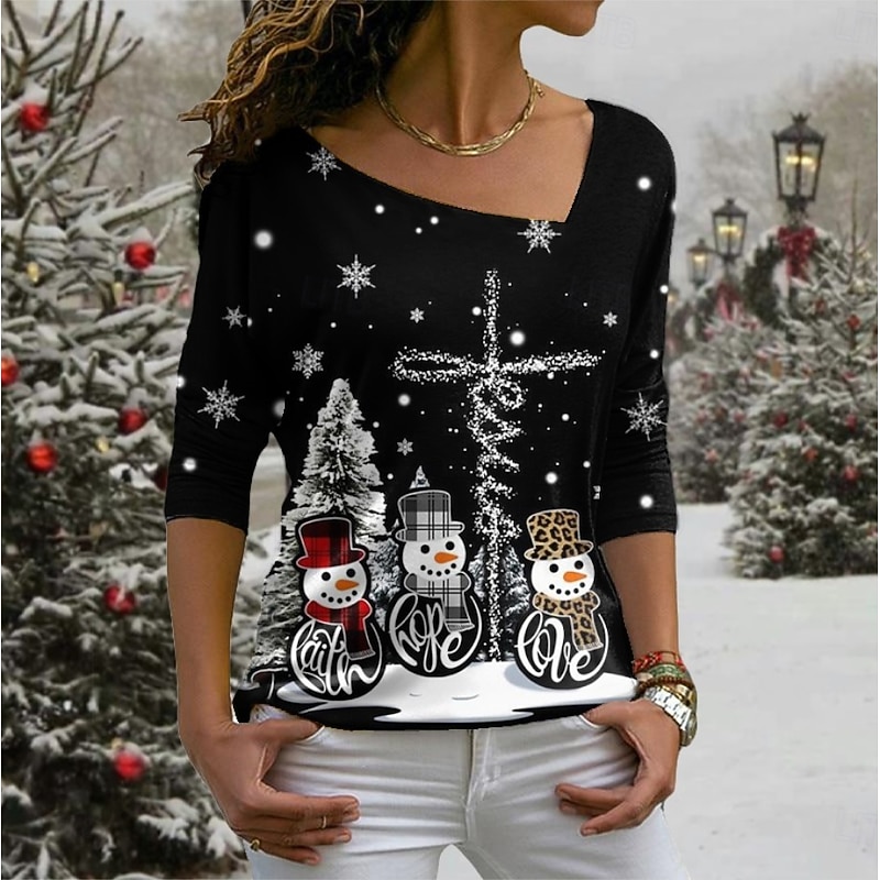 Christmas Women's T Shirt Graphic Santa Claus Snowflake Vintage Stylish Basic Long Sleeve V Neck Regular Tops Weekend Print Asymmetrical Black Winter Spring, Fall, Winter, Summer