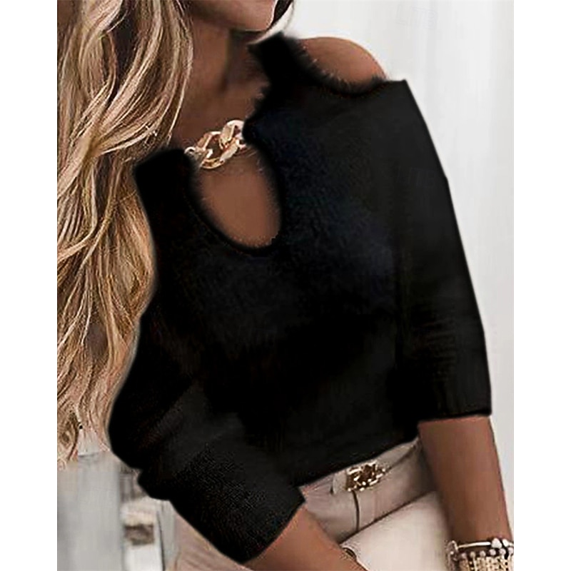Women's Sweater Fashion Casual Soft Pure Color Ribbed Crew Neck Knitted Cold Shoulder Long Sleeve Regular Tops Knit Outdoor Daily Weekend Black Fall Winter