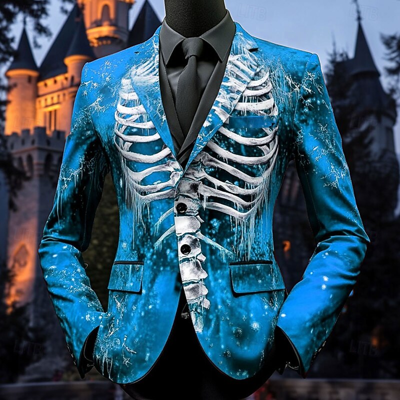 Men's Skeleton Blazer Jacket Comfortable Casual Dark Party Evening Wear Daily Festival 3D Print Buttons Multi Pocket Spring Fall & Winter Notch Long Sleeve Red Blue Purple3