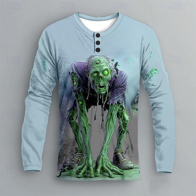 Men's Halloween Zombies Henley Shirt Long Sleeve Fashion Cute Daily Halloween Casual Holiday Spring Fall Spring &  Fall Pink Blue Green Purple Henley Henley T-Shirt2