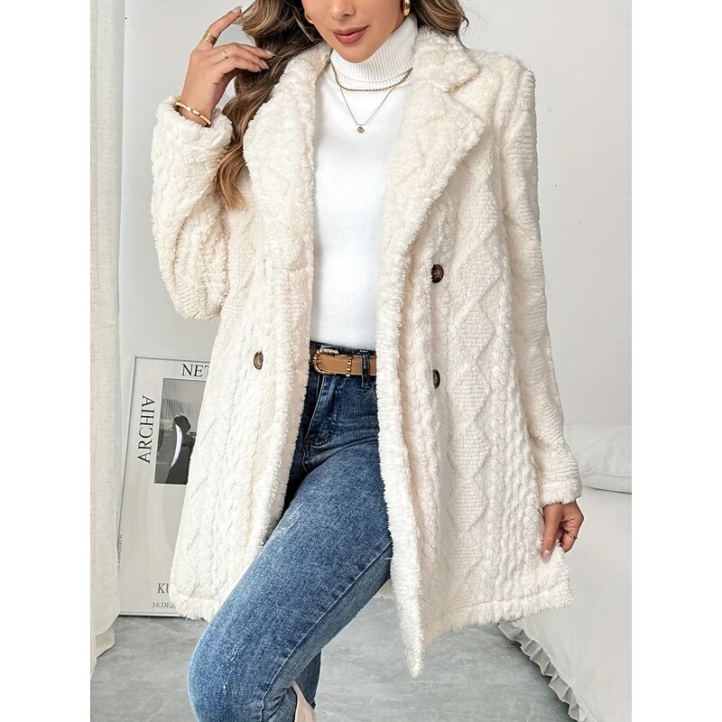 Women's Winter Coat Sherpa Jacket Comfortable Breathable Buttons Casual Plain Vacation Street Casual Daily Wear Double Breasted Regular Turndown Regular Fit Long Sleeve Outerwear Beige Spring Fall3